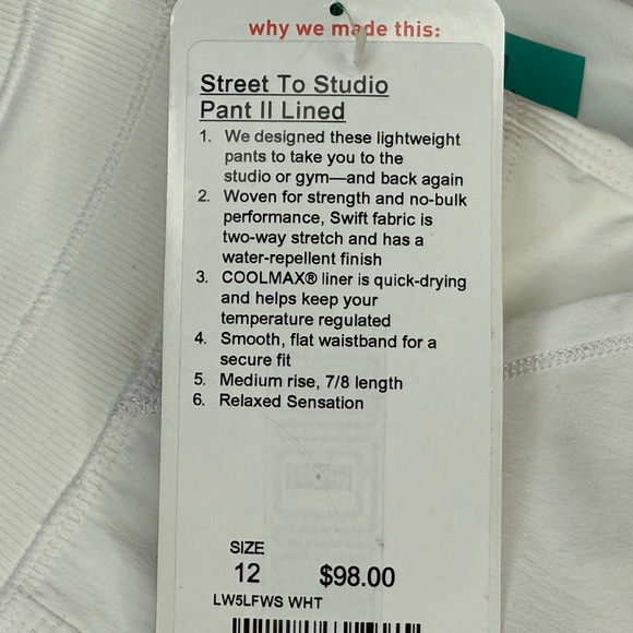 *NWT* Lululemon White Athletic Pants - Picture 4 of 7
